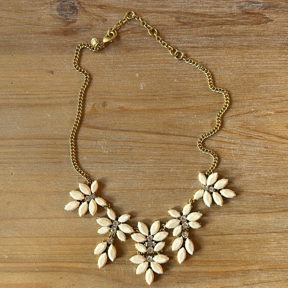 J.Crew Floral Statement Necklace Gold Tone Cream Enamel Rhinestone Necklace
